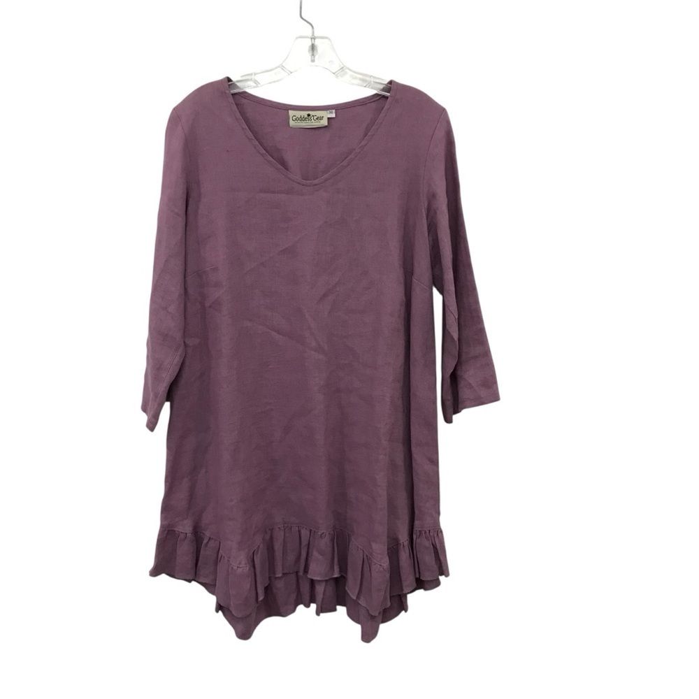 Goddess Gear 100% Linen Dress Ruffle Hen V Neck Casual Lavender Medium Boho